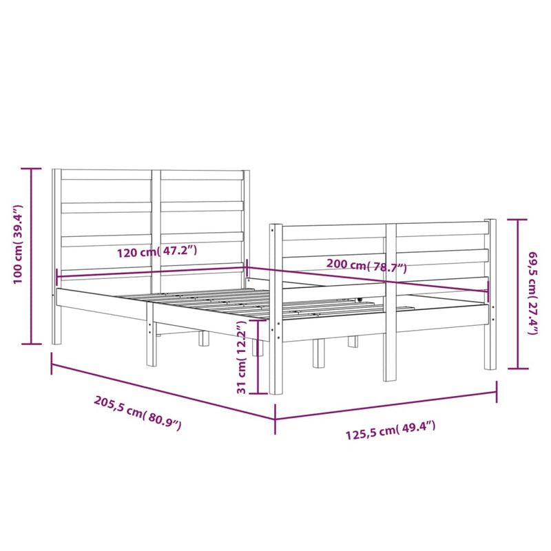 vidaXL fehér tömör fenyőfa ágykeret 120x200 cm