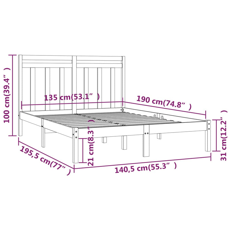 vidaXL Double fehér tömör fa ágykeret 135 x 190 cm