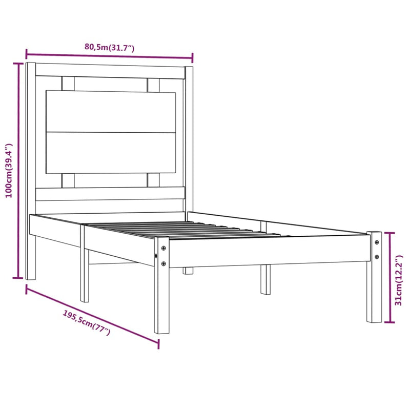 vidaXL Small Single fekete tömör fa ágykeret 75 x 190 cm
