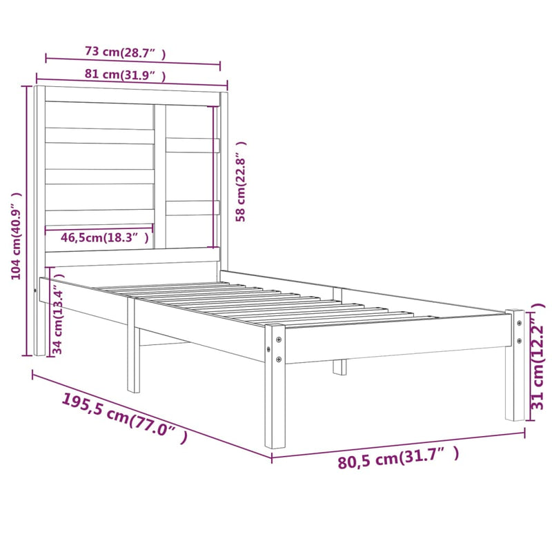 vidaXL Small Single fekete tömör fa ágykeret 75 x 190 cm