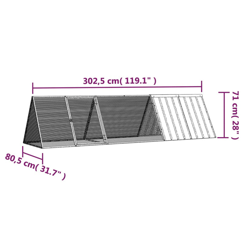 vidaXL antracitszürke horganyzott acél nyúlketrec 302,5x80,5x71 cm