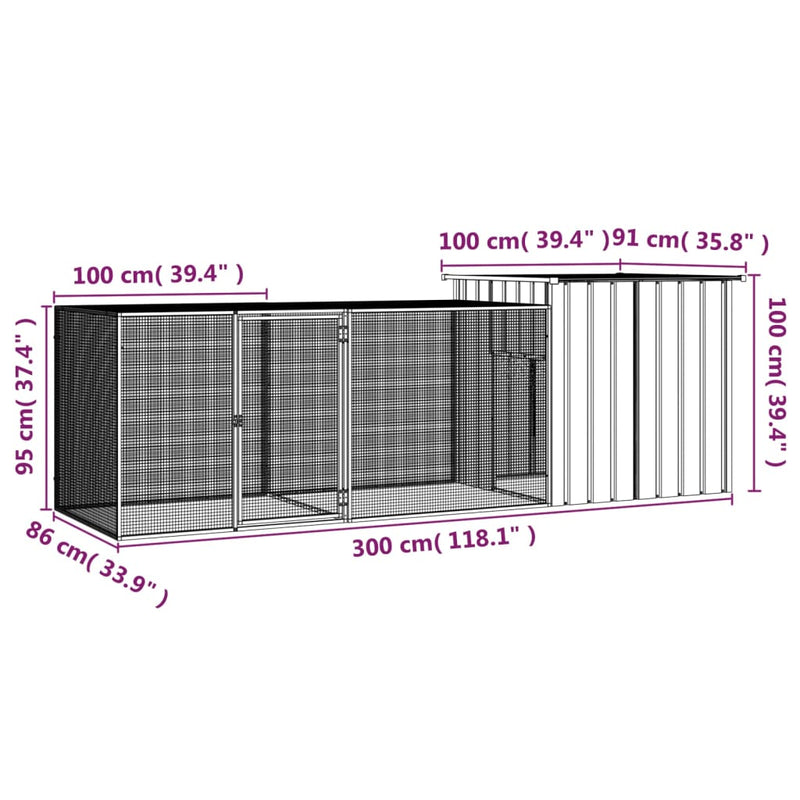 vidaXL antracitszürke horganyzott acél csirkeketrec 300x91x100 cm