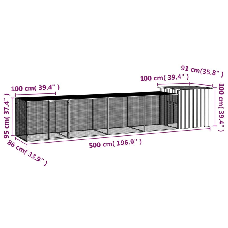 vidaXL antracitszürke horganyzott acél csirkeketrec 500 x 91 x 100 cm