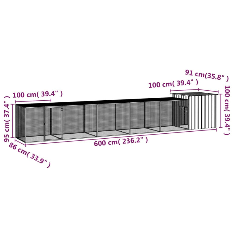 vidaXL antracitszürke horganyzott acél csirkeketrec 600 x 91 x 100 cm