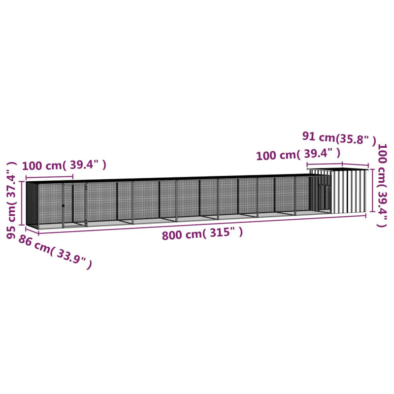 vidaXL szürke horganyzott acél csirkeketrec 800x91x100 cm