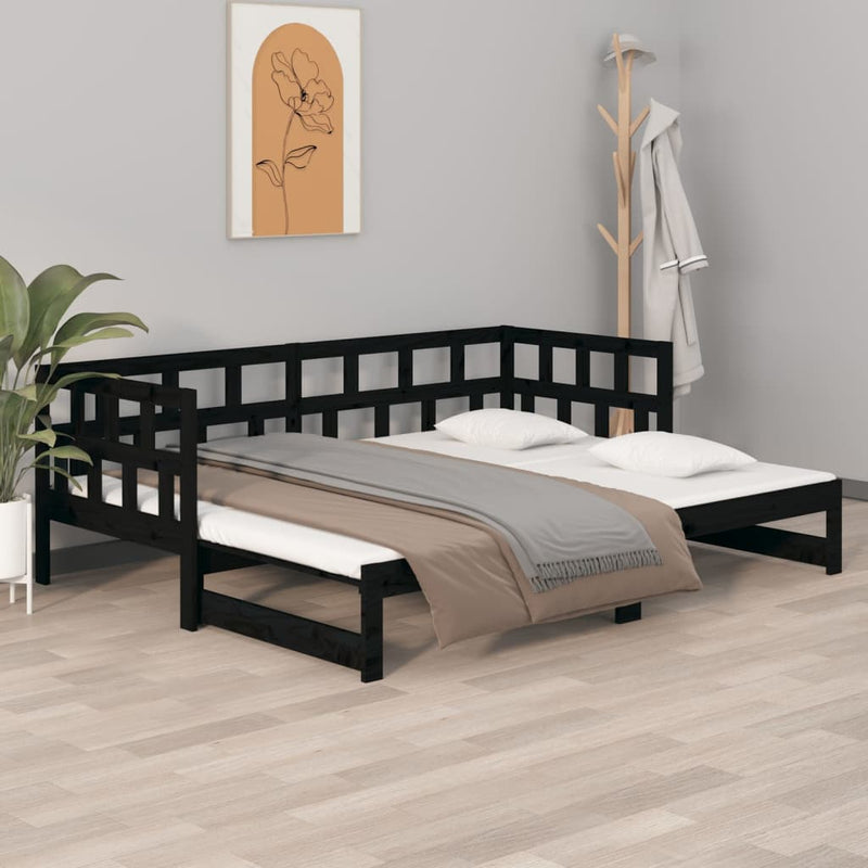 vidaXL fekete tömör fenyőfa kihúzható kanapéágy 2 x (90 x 200) cm