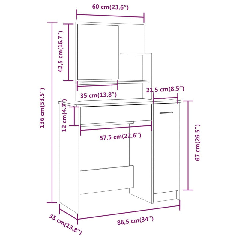 vidaXL fehér fésülködőasztal tükörrel 86,5 x 35 x 136 cm