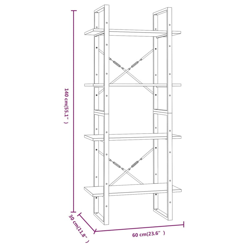 vidaXL 4 szintes barna tölgyszínű szerelt fa könyvszekrény 60x30x140cm