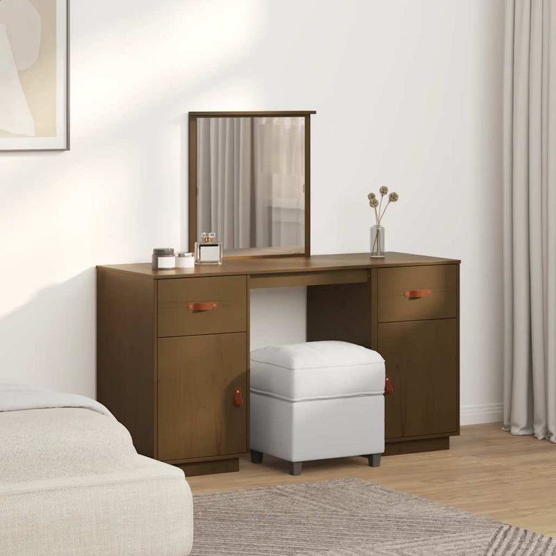 vidaXL mézbarna tömör fenyőfa fésülködőasztal szett tükörrel