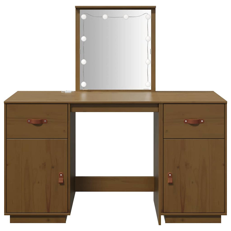 vidaXL mézbarna tömör fenyőfa fésülködőasztal szett LED-del