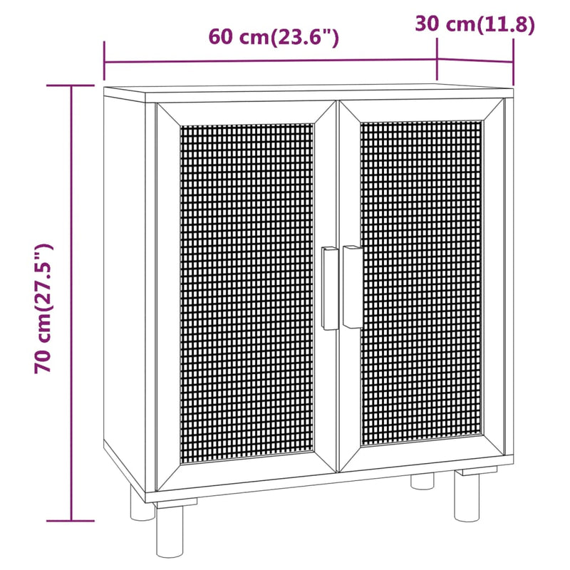 vidaXL barna tömör fenyő/természetes rattan tálalószekrény 60x30x70cm