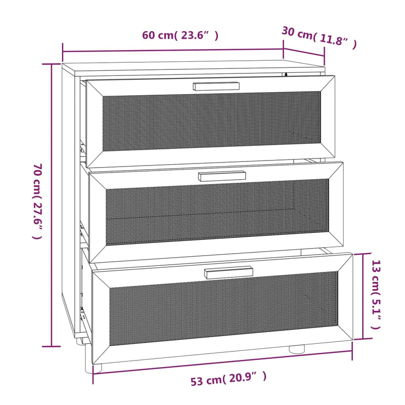 vidaXL fekete tömör fenyő/természetes rattan tálalószekrény 60x30x70cm