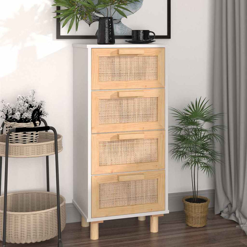vidaXL fehér tömör fenyő/természetes rattan tálalószekrény 40x30x90 cm