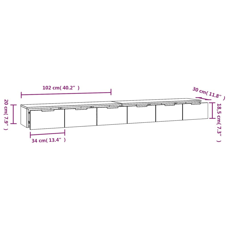 vidaXL 2 db fekete szerelt fa faliszekrény 102 x 30 x 20 cm