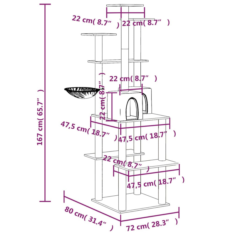 vidaXL világosszürke macskabútor szizál kaparóoszlopokkal 167 cm
