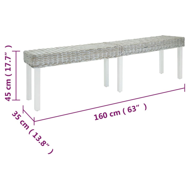 vidaXL fehér natúr kubu rattan és tömör mahagóni fa pad 160 x 35 x 45 cm