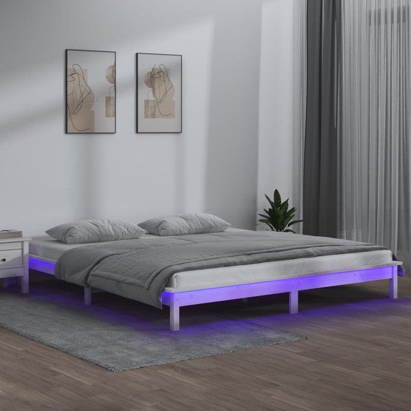 vidaXL fehér tömör fa ágykeret LED-világítással 140 x 200 cm