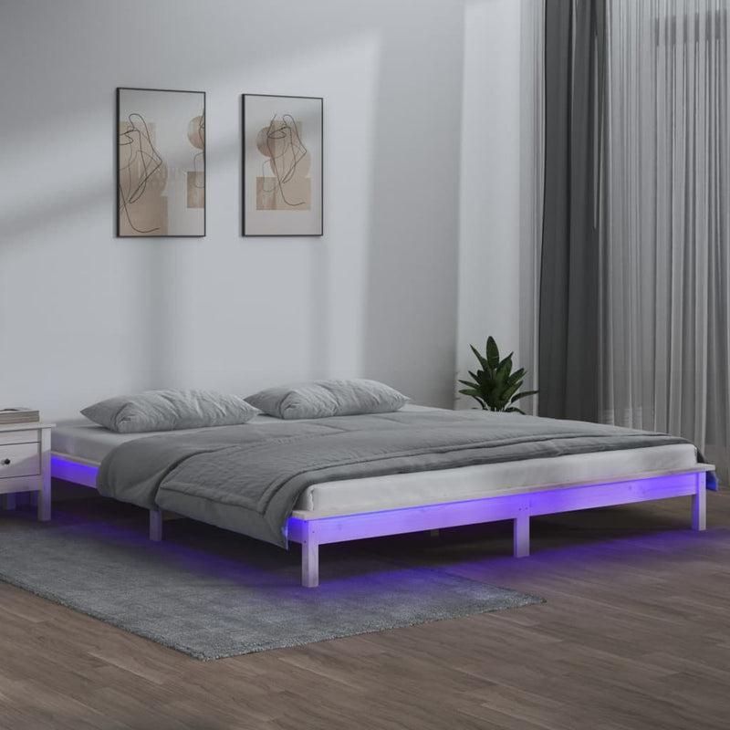vidaXL kis kétszemélyes fehér tömör fa LED-es ágykeret 120 x 190 cm