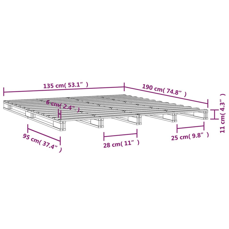 vidaXL fehér tömör fenyőfa raklapágy 135 x 190 cm (Double)