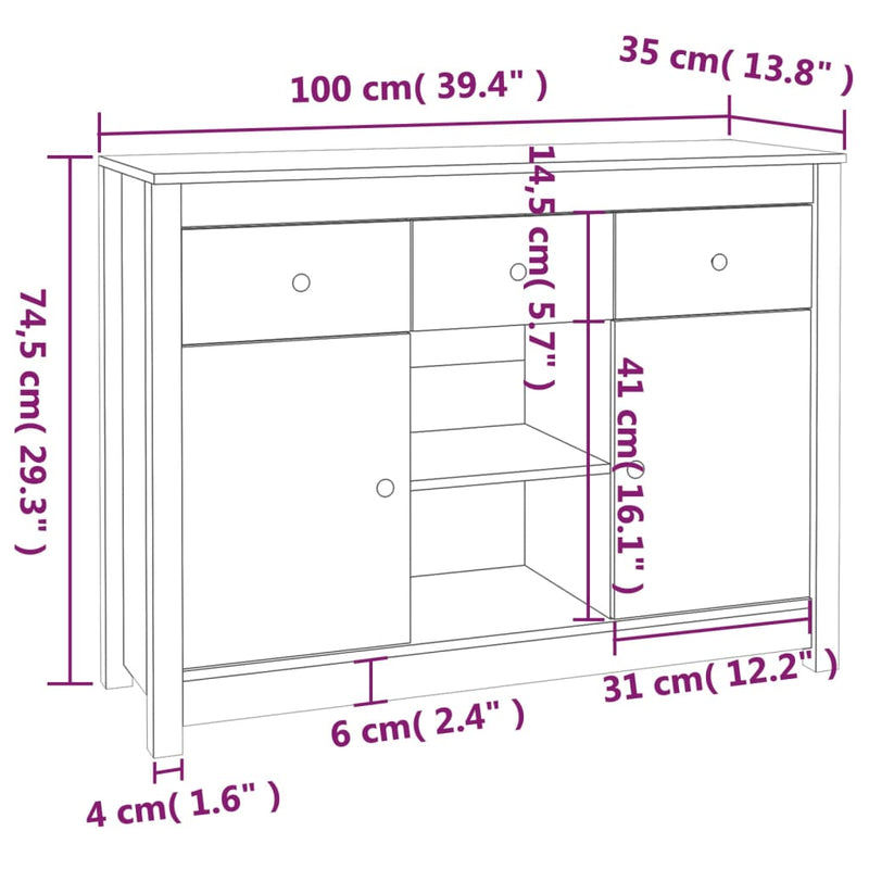 vidaXL tömör fenyőfa tálalószekrény 100x35x74,5 cm