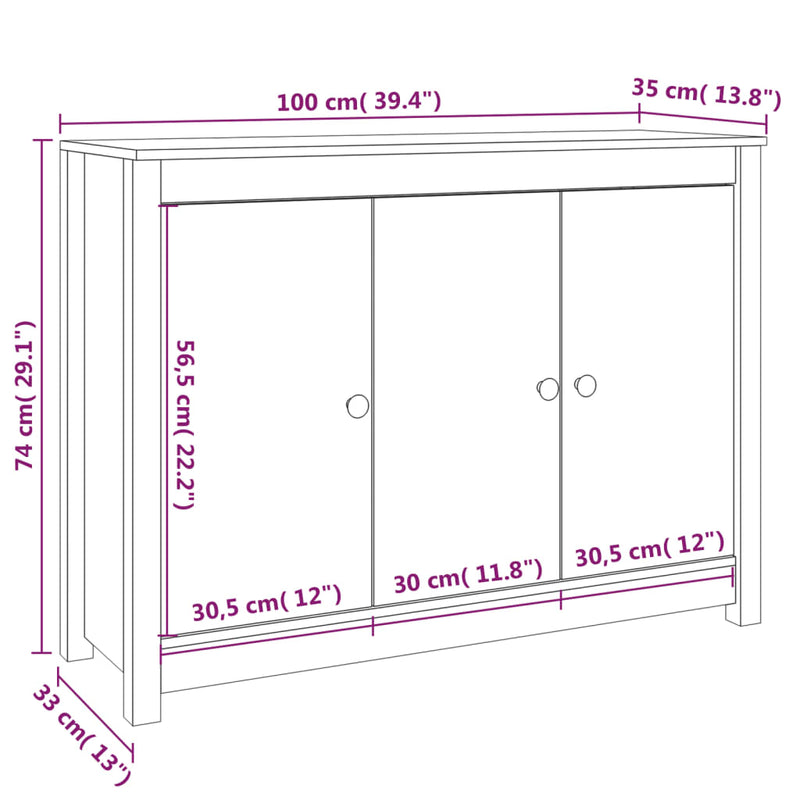 vidaXL tömör fenyőfa tálalószekrény 100 x 35 x 74 cm