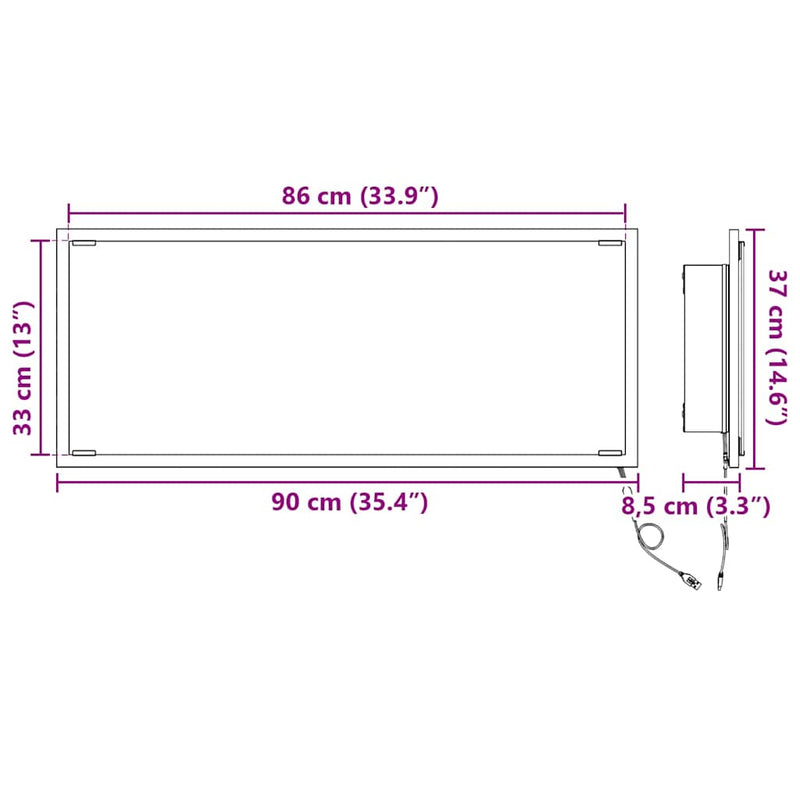 vidaXL Tükör tükör lámpákkal Szürke sonoma 90 x 8.5 x 37 cm Faanyag