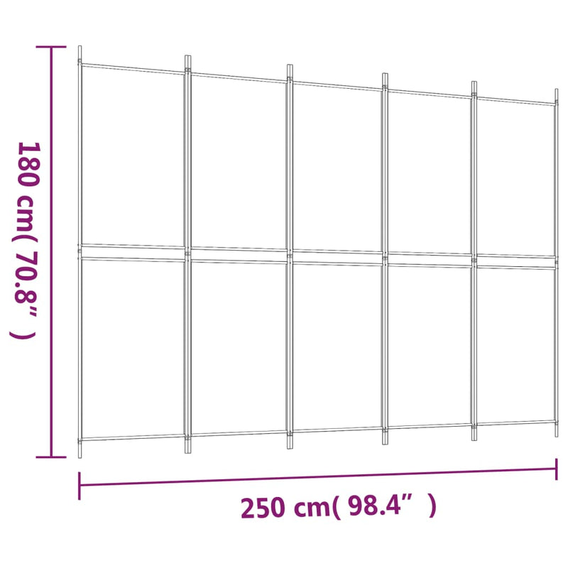 vidaXL fehér 5 paneles paraván 250x180 cm szövet