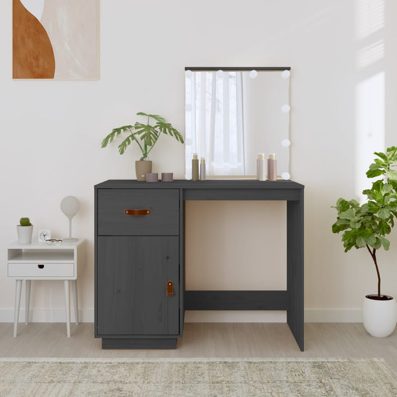 vidaXL szürke tömör fenyőfa fésülködőasztal LED-del 95 x 50 x 133,5 cm