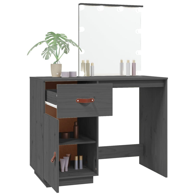 vidaXL szürke tömör fenyőfa fésülködőasztal LED-del 95 x 50 x 133,5 cm