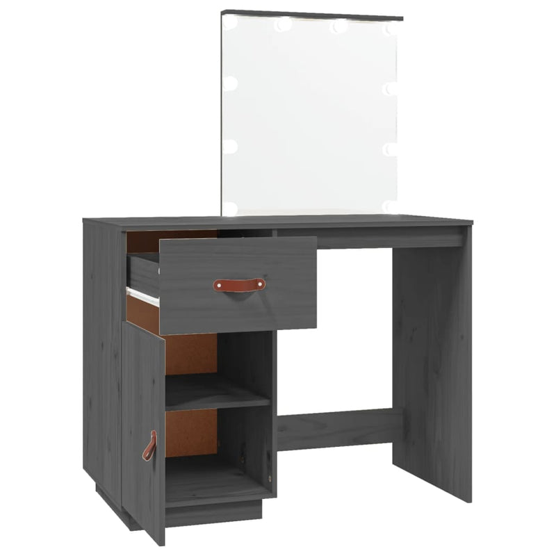 vidaXL szürke tömör fenyőfa fésülködőasztal LED-del 95 x 50 x 133,5 cm