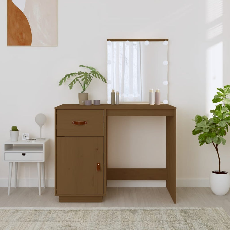vidaXL mézbarna tömör fenyőfa fésülködőasztal LED-del 95x50x133,5 cm