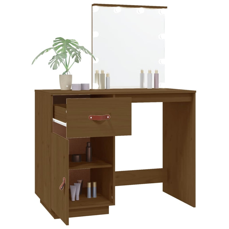 vidaXL mézbarna tömör fenyőfa fésülködőasztal LED-del 95x50x133,5 cm