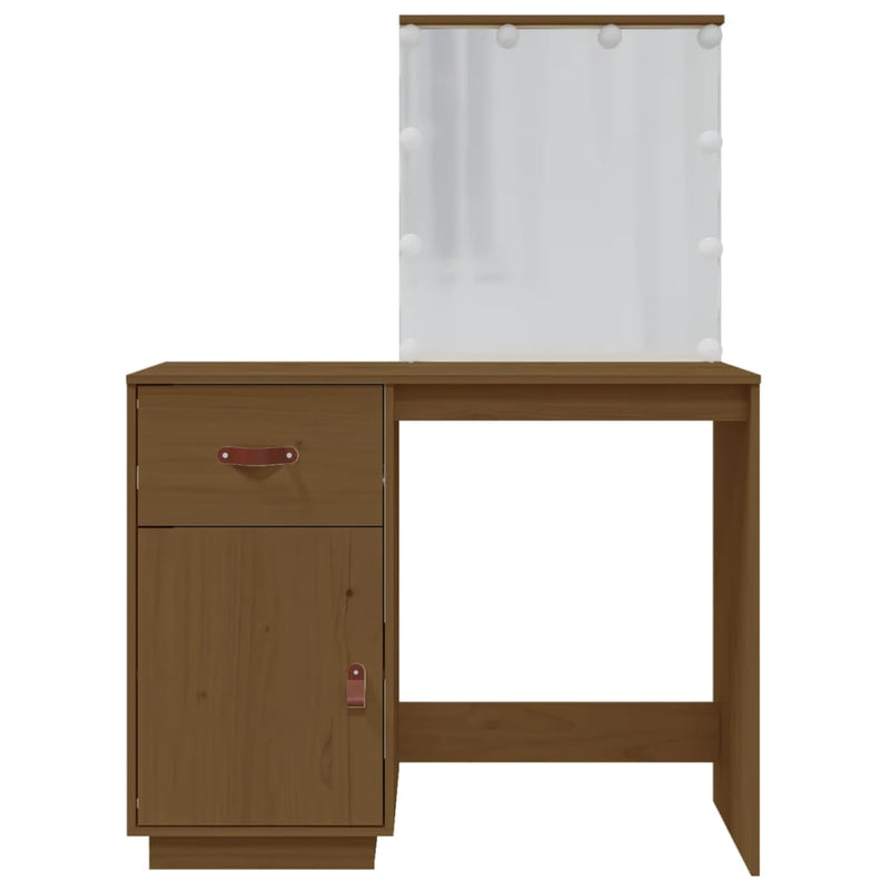 vidaXL mézbarna tömör fenyőfa fésülködőasztal LED-del 95x50x133,5 cm