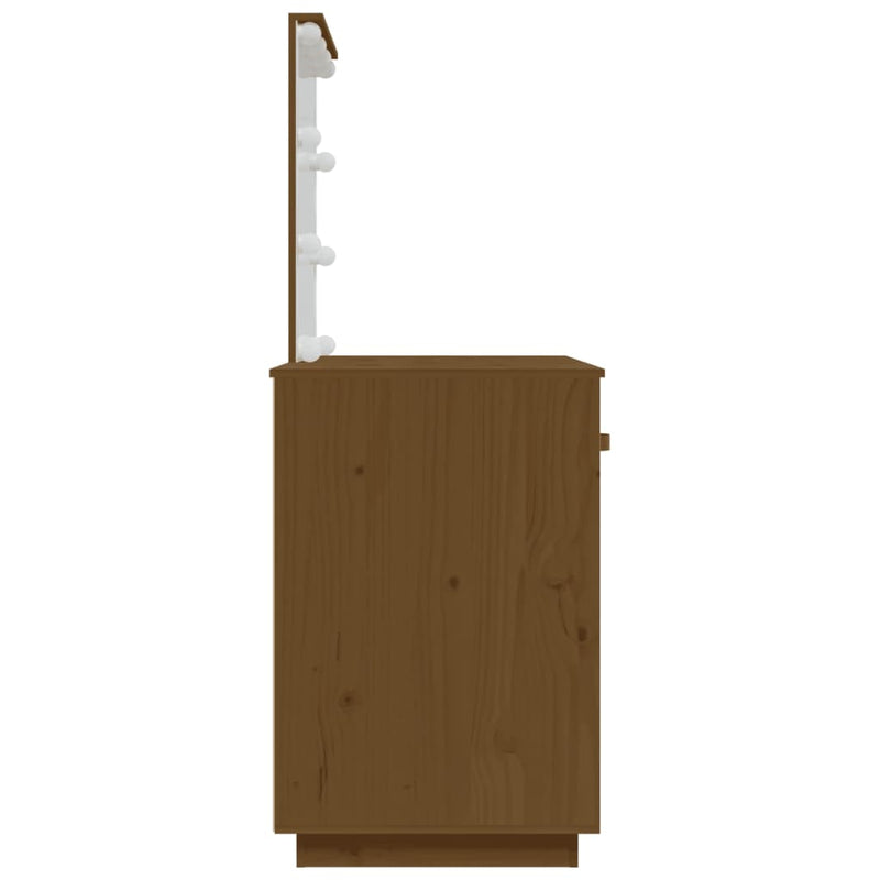 vidaXL mézbarna tömör fenyőfa fésülködőasztal LED-del 95x50x133,5 cm
