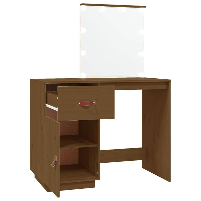 vidaXL mézbarna tömör fenyőfa fésülködőasztal LED-del 95x50x133,5 cm