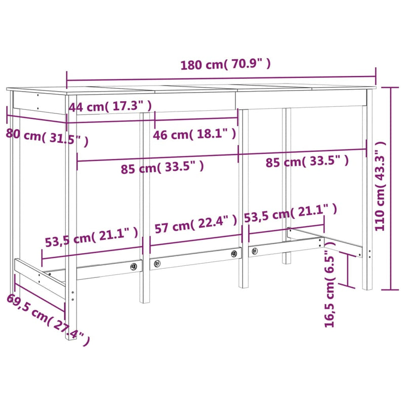 vidaXL tömör fenyőfa bárasztal 180 x 80 x 110 cm