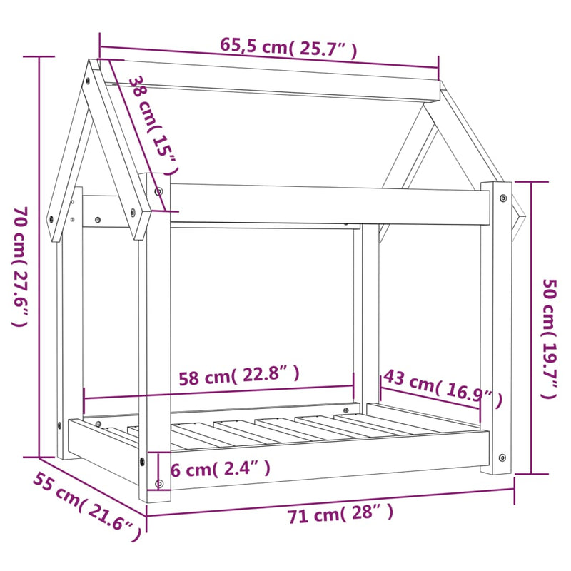 vidaXL fekete tömör fenyőfa kutyaágy 71 x 55 x 70 cm
