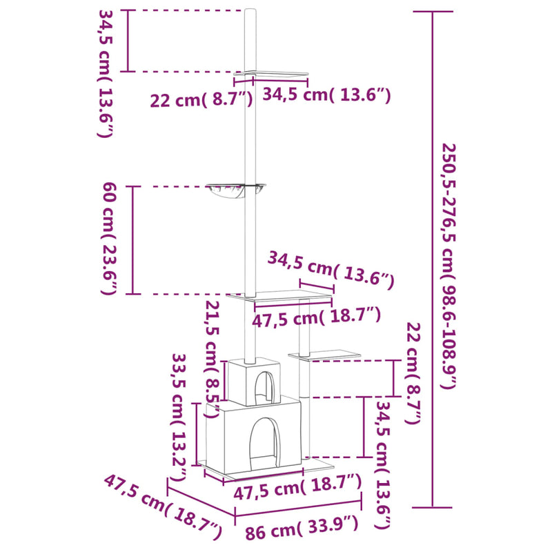 vidaXL krémszínű plafonig érő kaparófa 250,5-276,5 cm