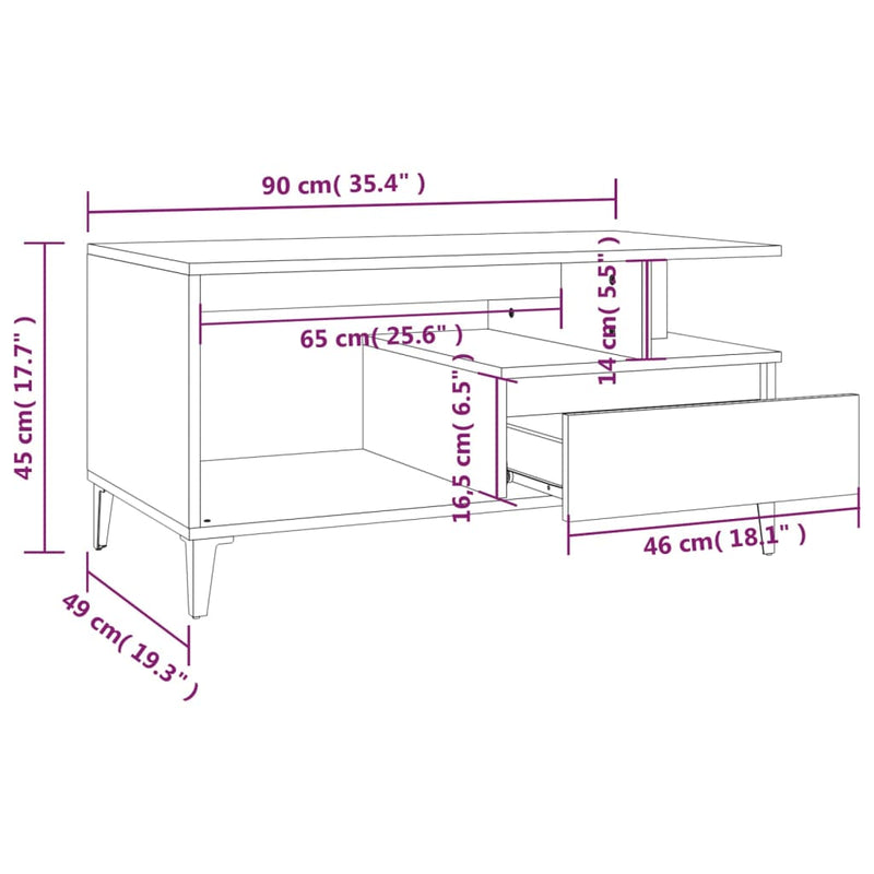 vidaXL szürke sonoma szerelt fa dohányzóasztal 90x49x45 cm