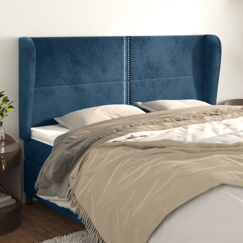 vidaXL sötétkék bársony fejtámla szárnyakkal 203x23x118/128 cm