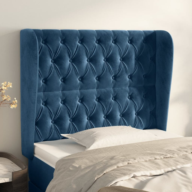 vidaXL sötétkék bársony fejtámla szárnyakkal 103 x 23 x 118/128 cm