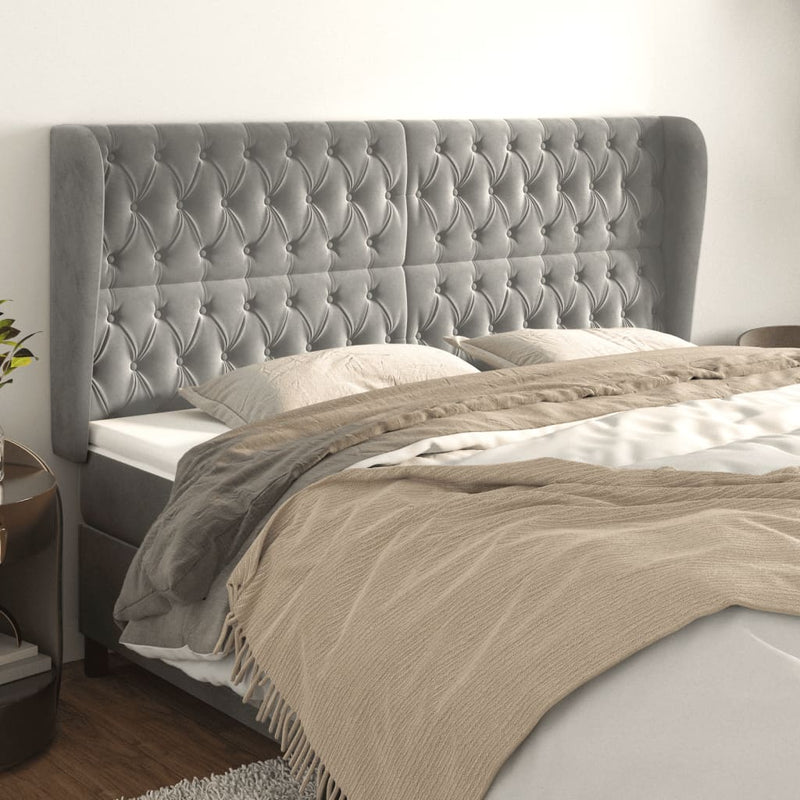vidaXL világosszürke bársony fejtámla szárnyakkal 183x23x118/128 cm