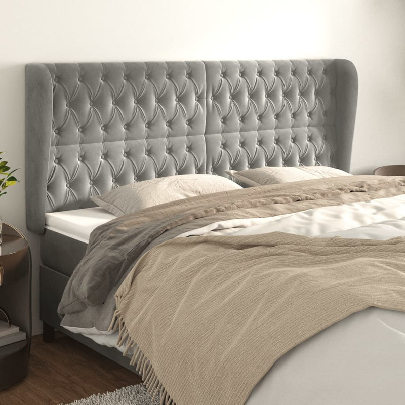 vidaXL világosszürke bársony fejtámla szárnyakkal 203x23x118/128 cm