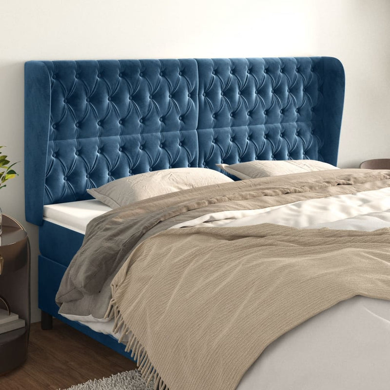 vidaXL sötétkék bársony fejtámla szárnyakkal 203x23x118/128 cm