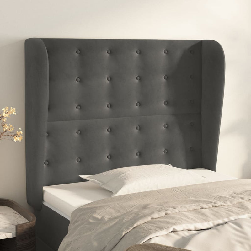 vidaXL sötétszürke bársony fejtámla szárnyakkal 93 x 23 x 118/128 cm