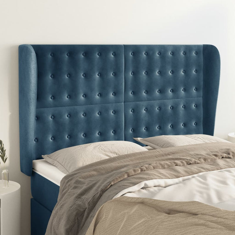 vidaXL sötétkék bársony fejtámla szárnyakkal 147 x 23 x 118/128 cm