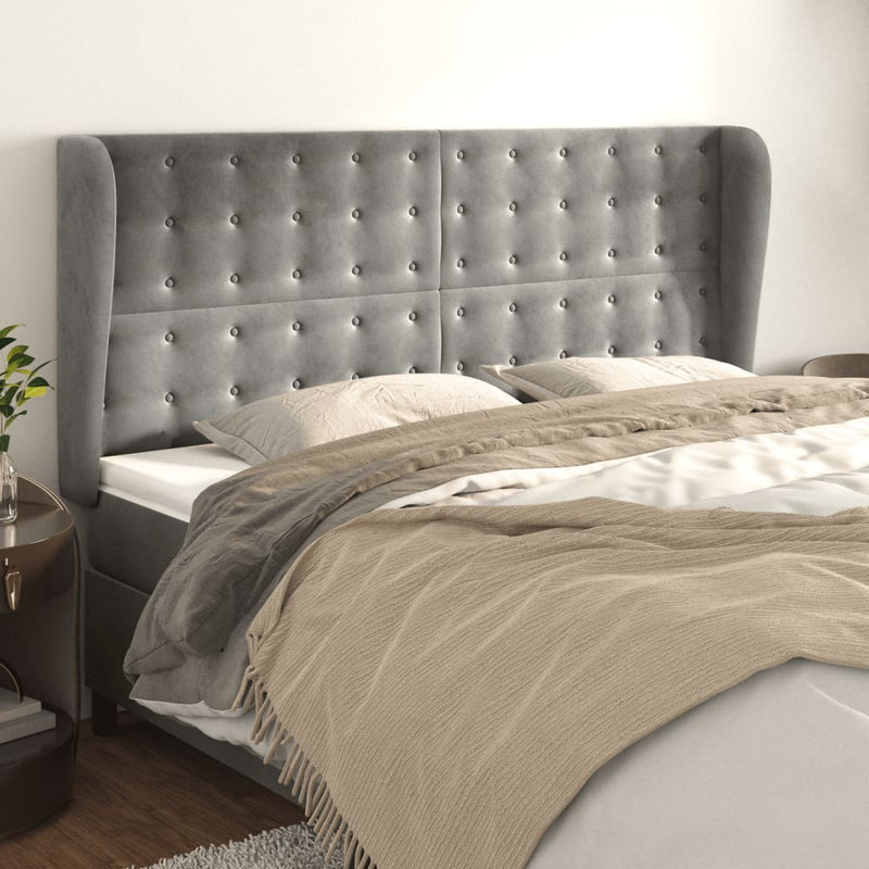vidaXL világosszürke bársony fejtámla szárnyakkal 203x23x118/128 cm
