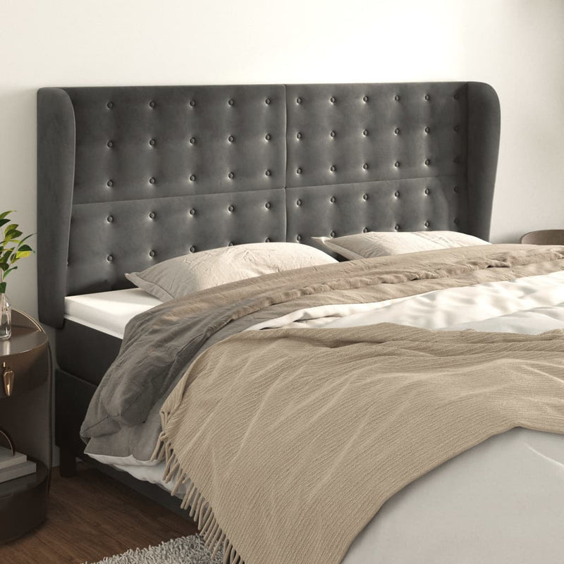vidaXL sötétszürke bársony fejtámla szárnyakkal 203x23x118/128 cm