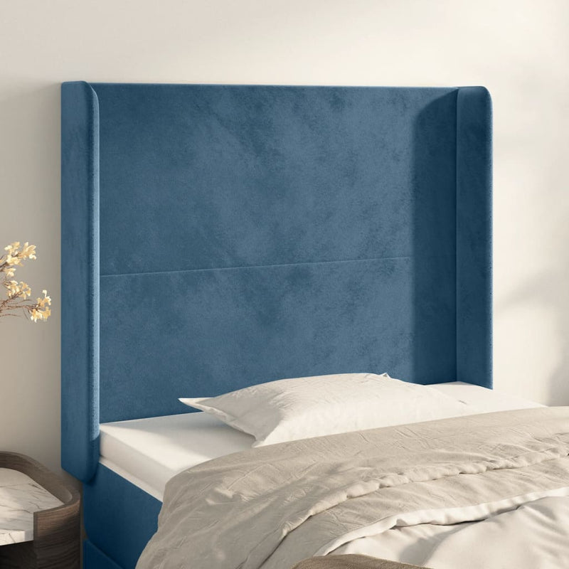 vidaXL sötétkék bársony fejtámla szárnyakkal 203x23x118/128 cm