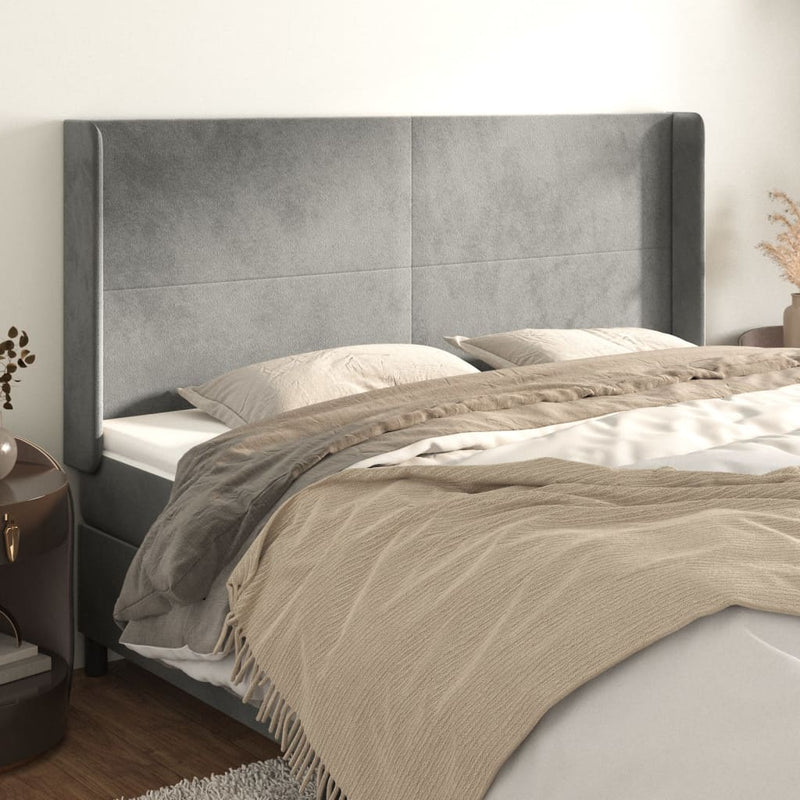vidaXL világosszürke bársony fejtámla szárnyakkal 203x16x118/128 cm
